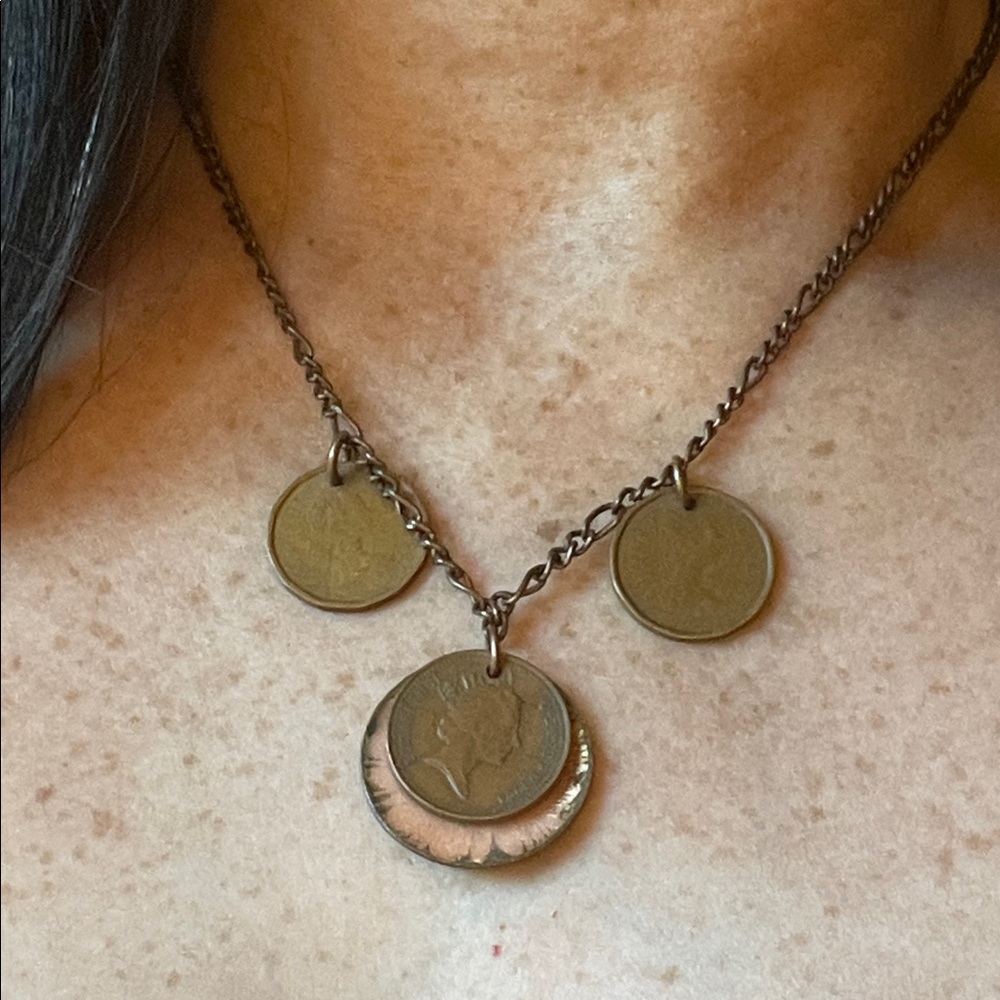 Vintage 1982 Coin Pendant Necklace in Aged Bronze